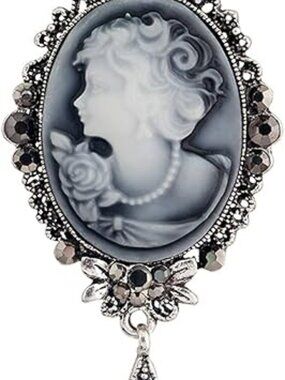 NEW Ladies Cameo Rhinestone Grey Purple Vintage Tear Drop Lady Brooch Trendy